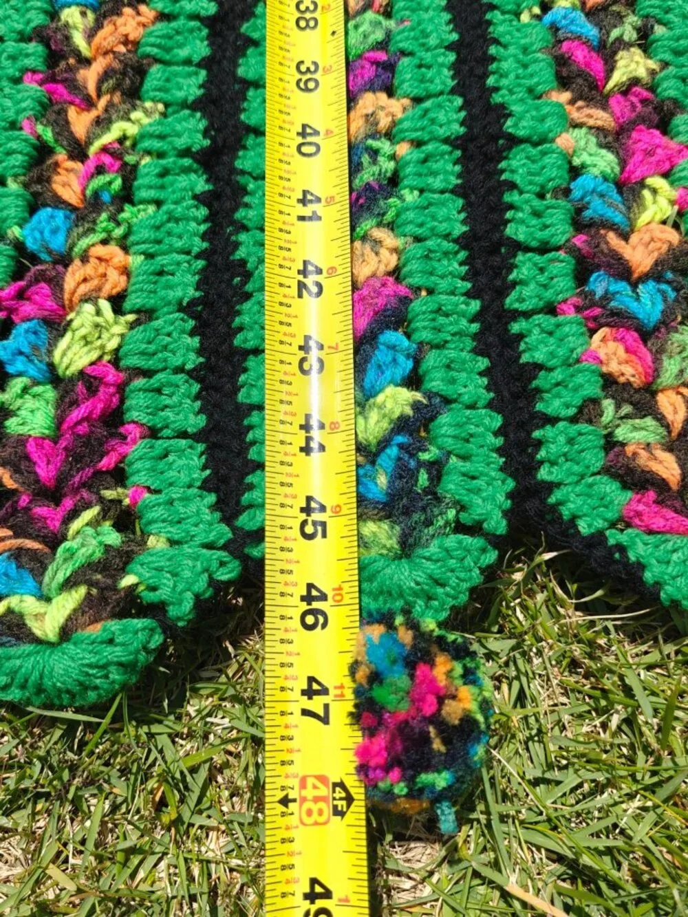 Vintage Handmade Crochet Afghan Throw Blanket Green Multicolor Striped Pom-Pom